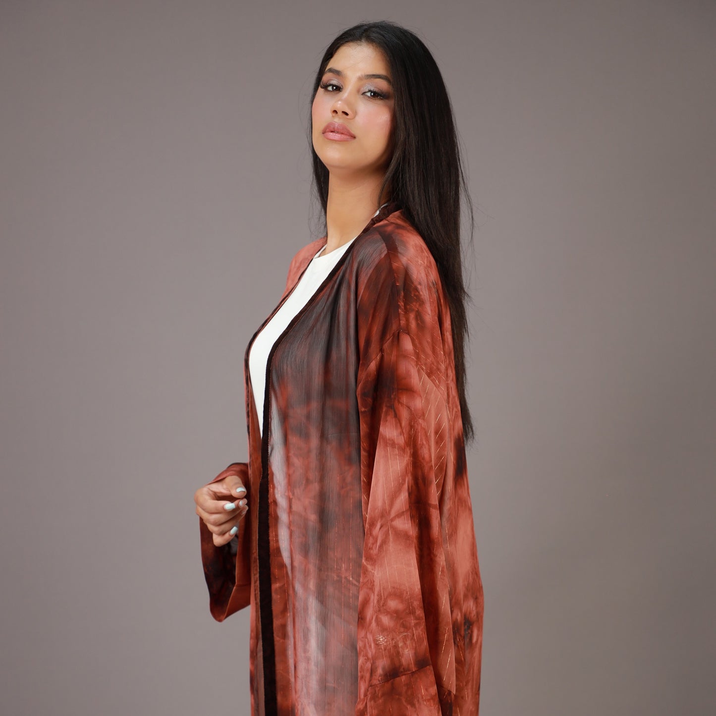 Kimono Long Marron Effet Tie and Dye