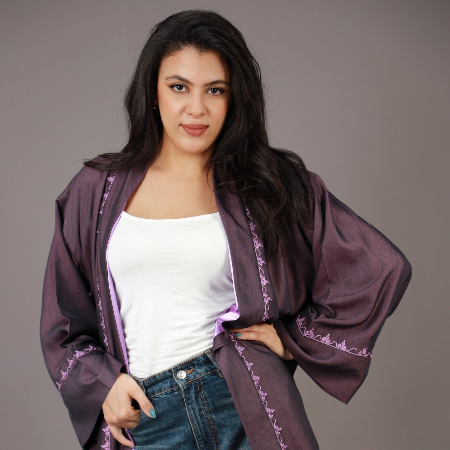Kimono Long Violet avec Zwak et Doublure Lilas