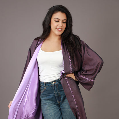 Kimono Long Violet avec Zwak et Doublure Lilas