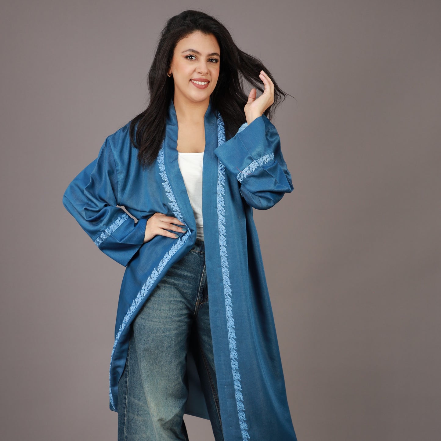 Kimono Long en Jean Bleu avec Zwak Lmaalem Bleu Clair