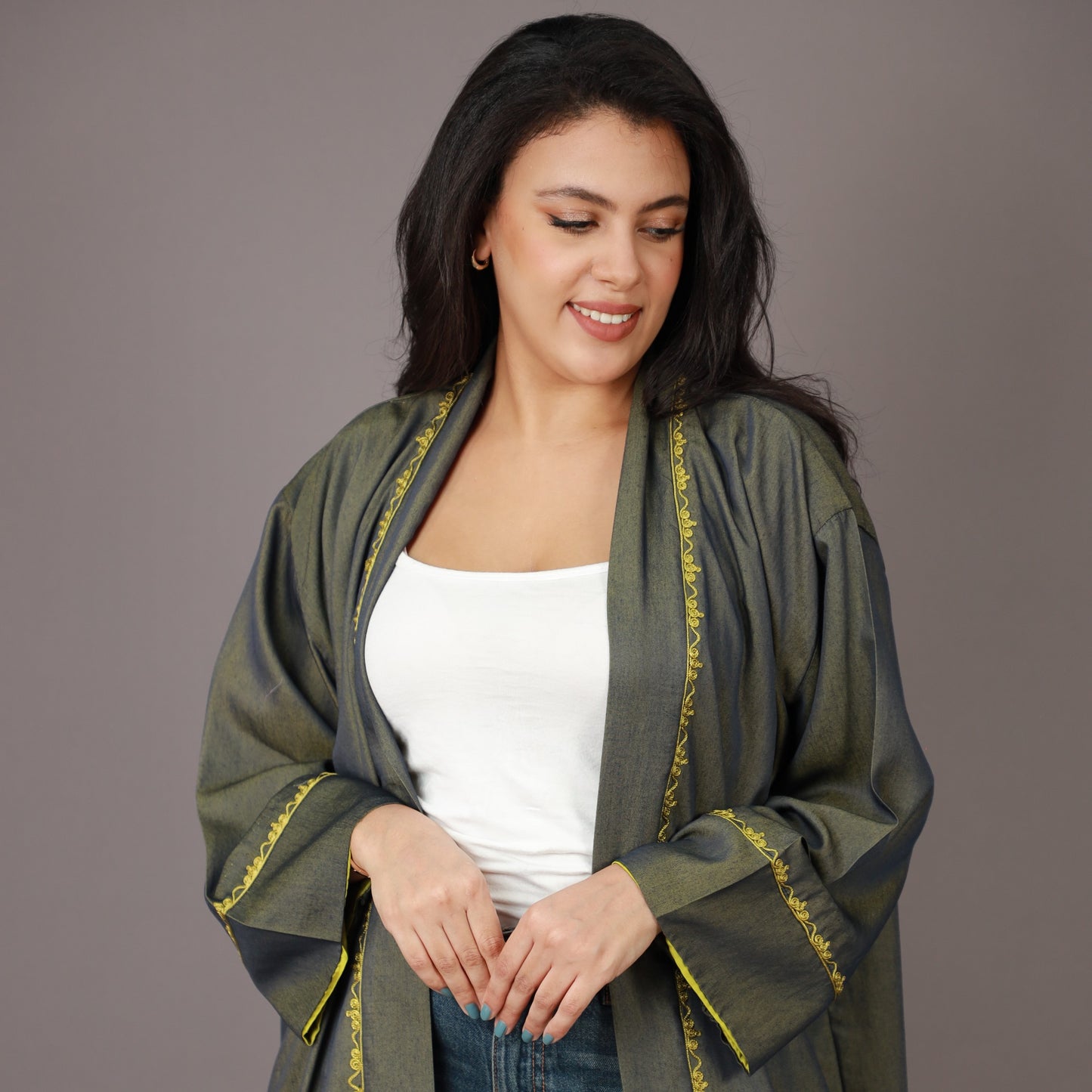 Kimono Long Vert Olive et Jaune Doublé