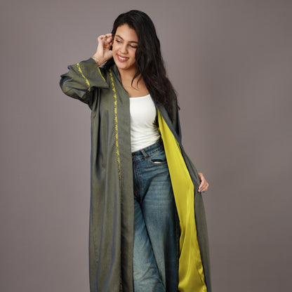 Kimono Long Vert Olive et Jaune Doublé