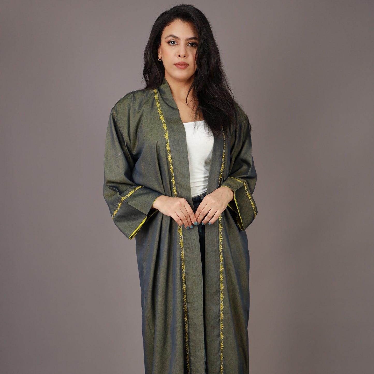 Kimono Long Vert Olive et Jaune Doublé