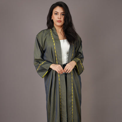Kimono Long Vert Olive et Jaune Doublé