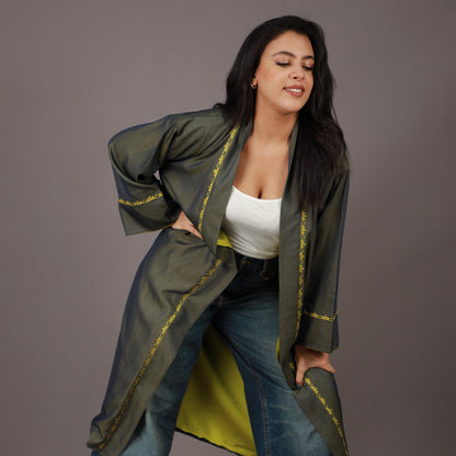 Kimono Long Vert Olive et Jaune Doublé