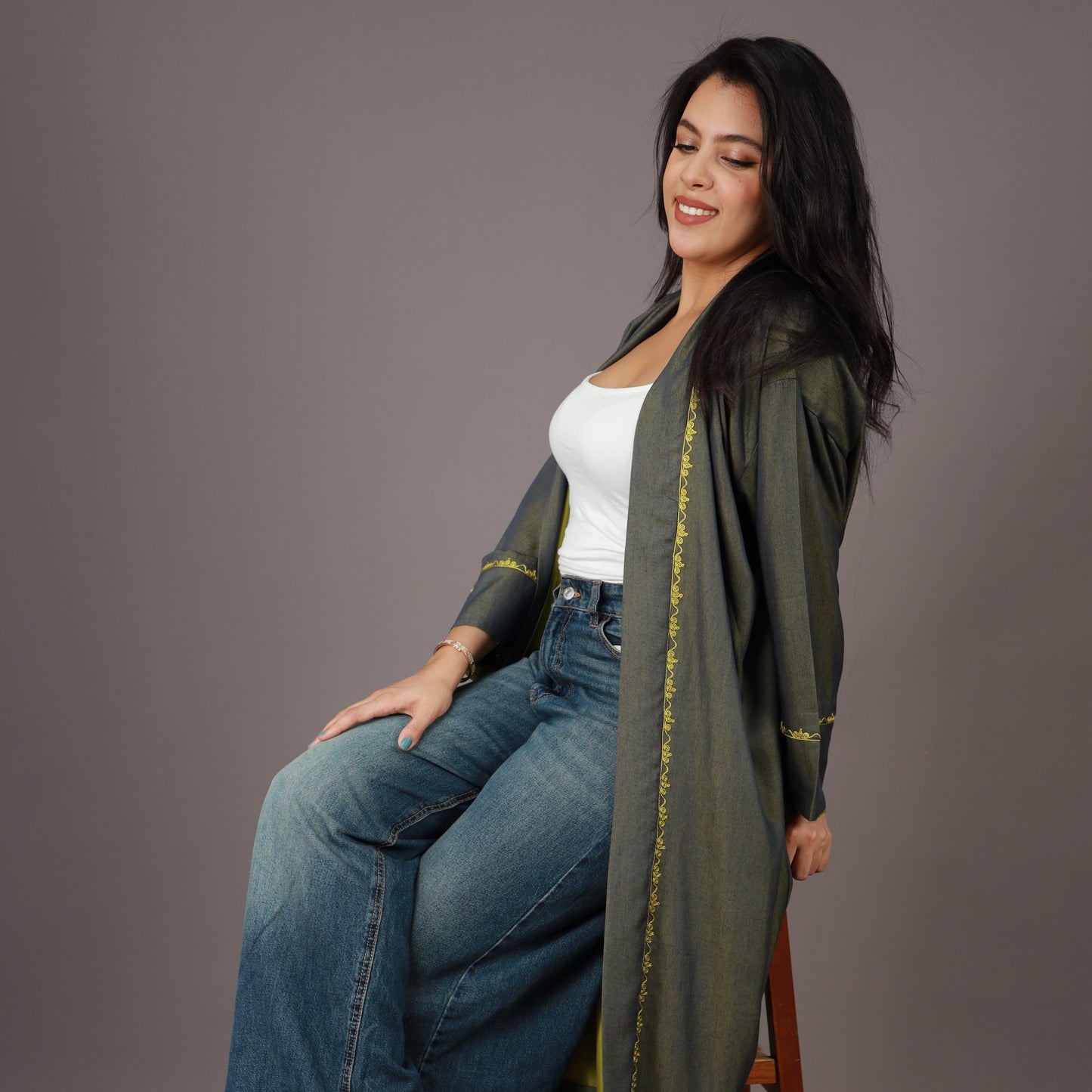 Kimono Long Vert Olive et Jaune Doublé