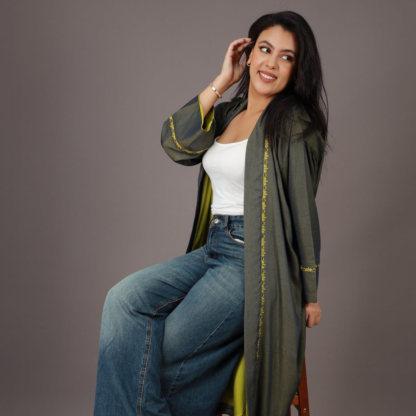 Kimono Long Vert Olive et Jaune Doublé
