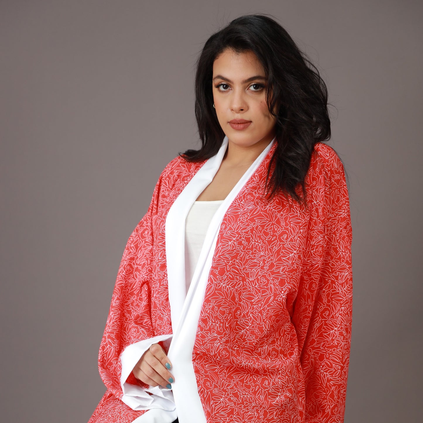 Kimono Long Rouge à Imprimé Blanc