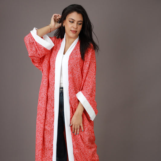 Kimono Long Rouge à Imprimé Blanc