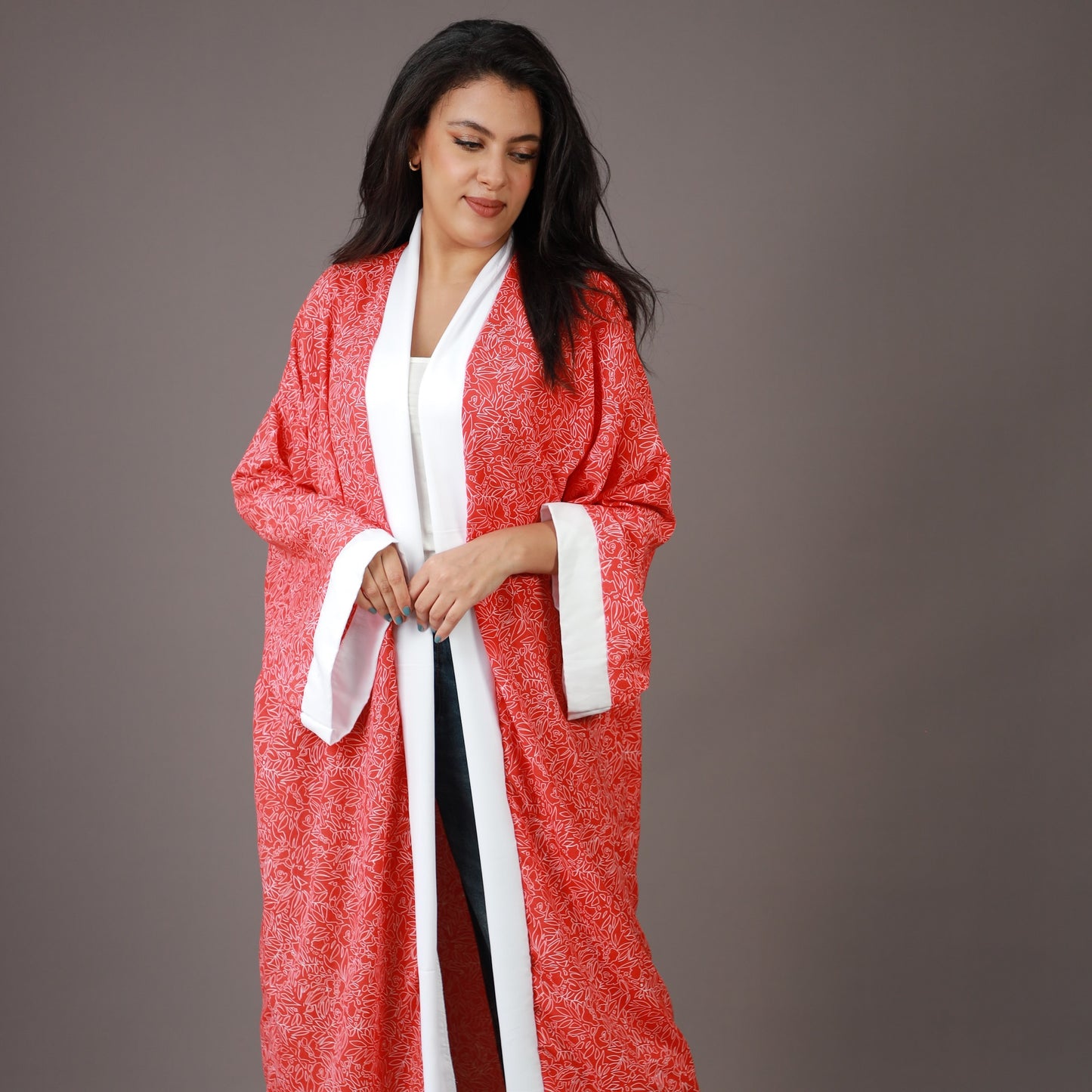 Kimono Long Rouge à Imprimé Blanc