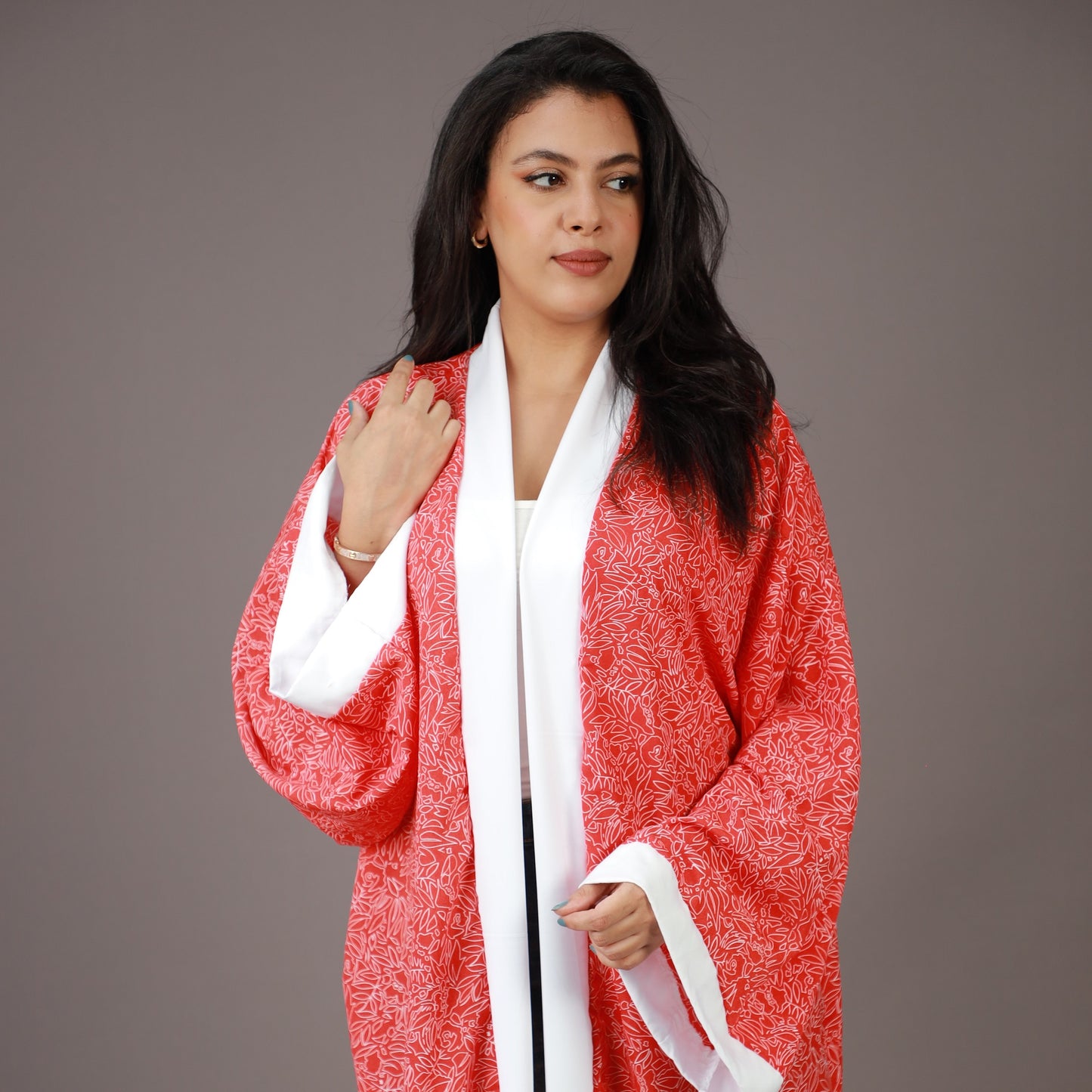 Kimono Long Rouge à Imprimé Blanc