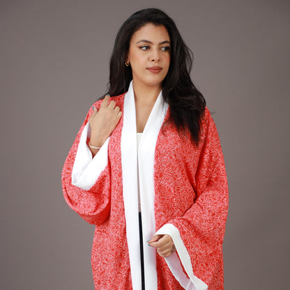 Kimono Long Rouge à Imprimé Blanc