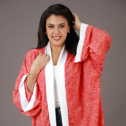 Kimono Long Rouge à Imprimé Blanc