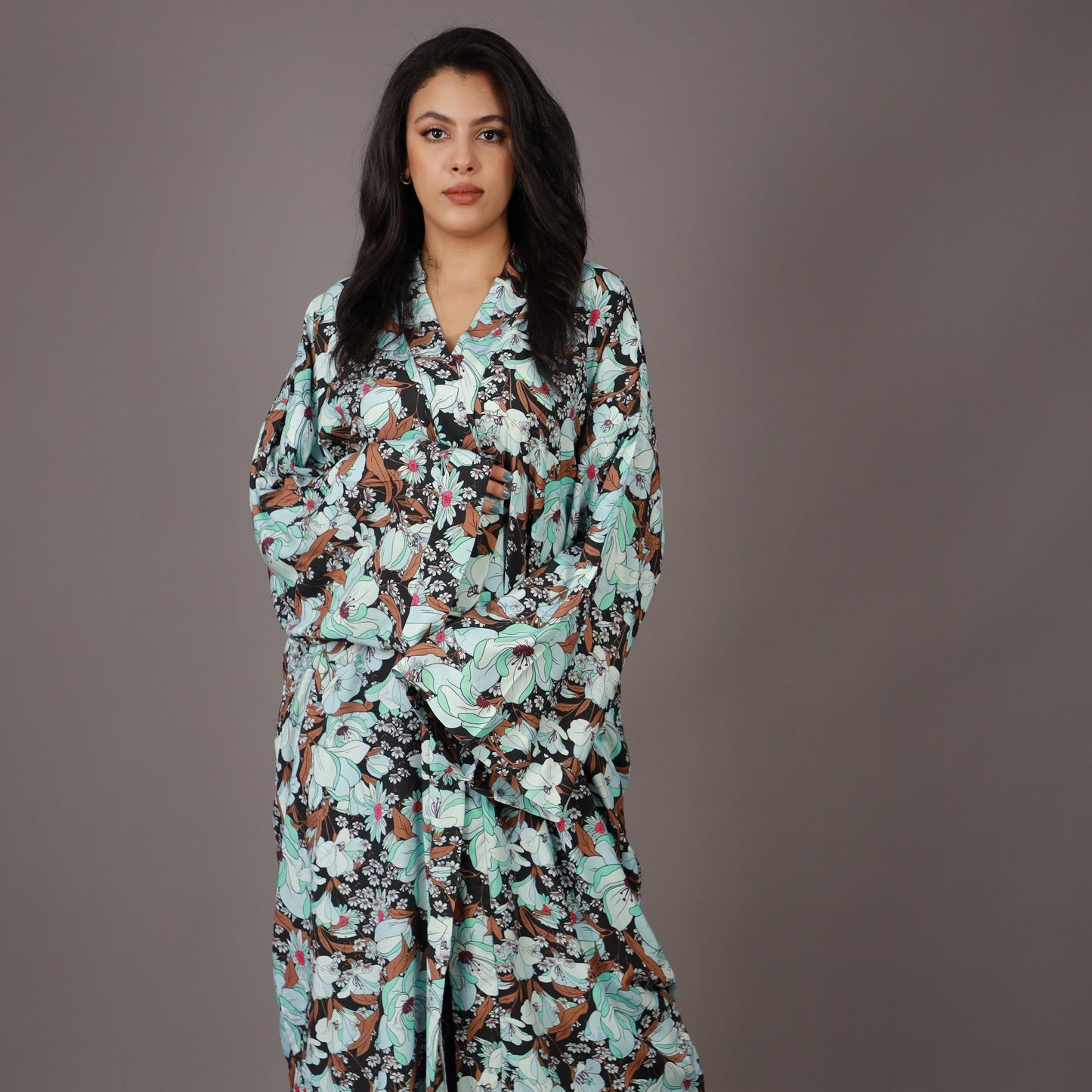 Kimono Long Fleuri Pastel et Noir
