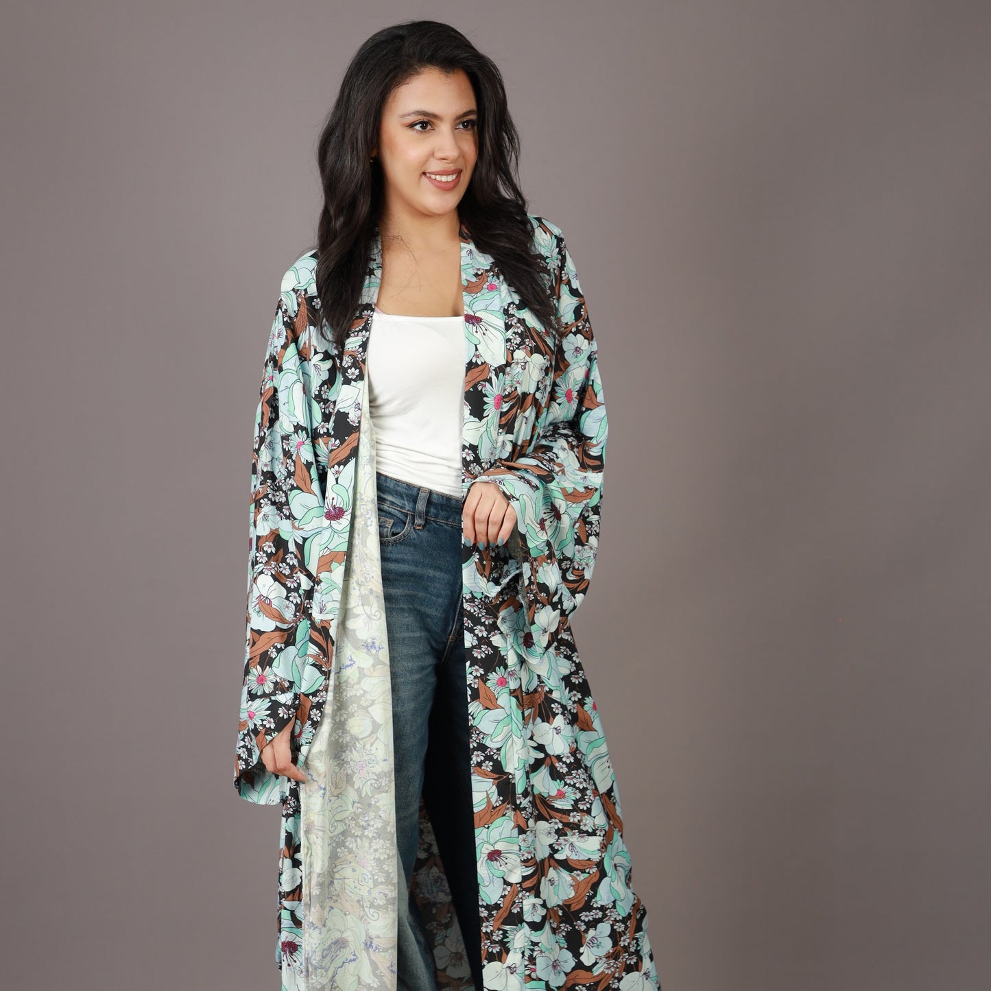 Kimono Long Fleuri Pastel et Noir