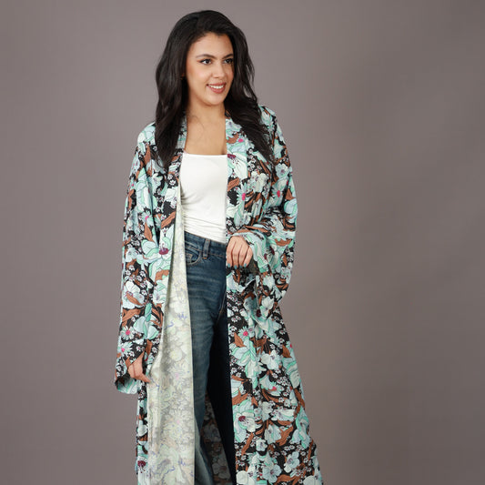 Kimono Long Fleuri Pastel et Noir