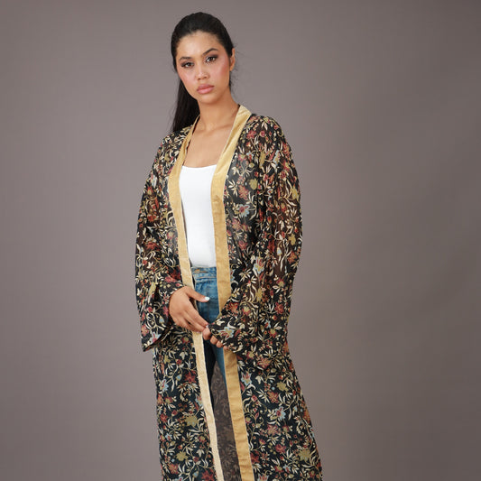 Kimono Long Transparent Motif Floral Noir et Doré