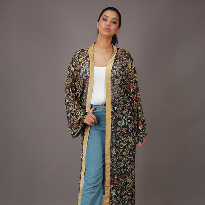 Kimono Long Transparent Motif Floral Noir et Doré