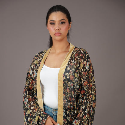 Kimono Long Transparent Motif Floral Noir et Doré