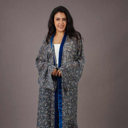 Kimono Long Bleu Nuit avec Bordures Velours