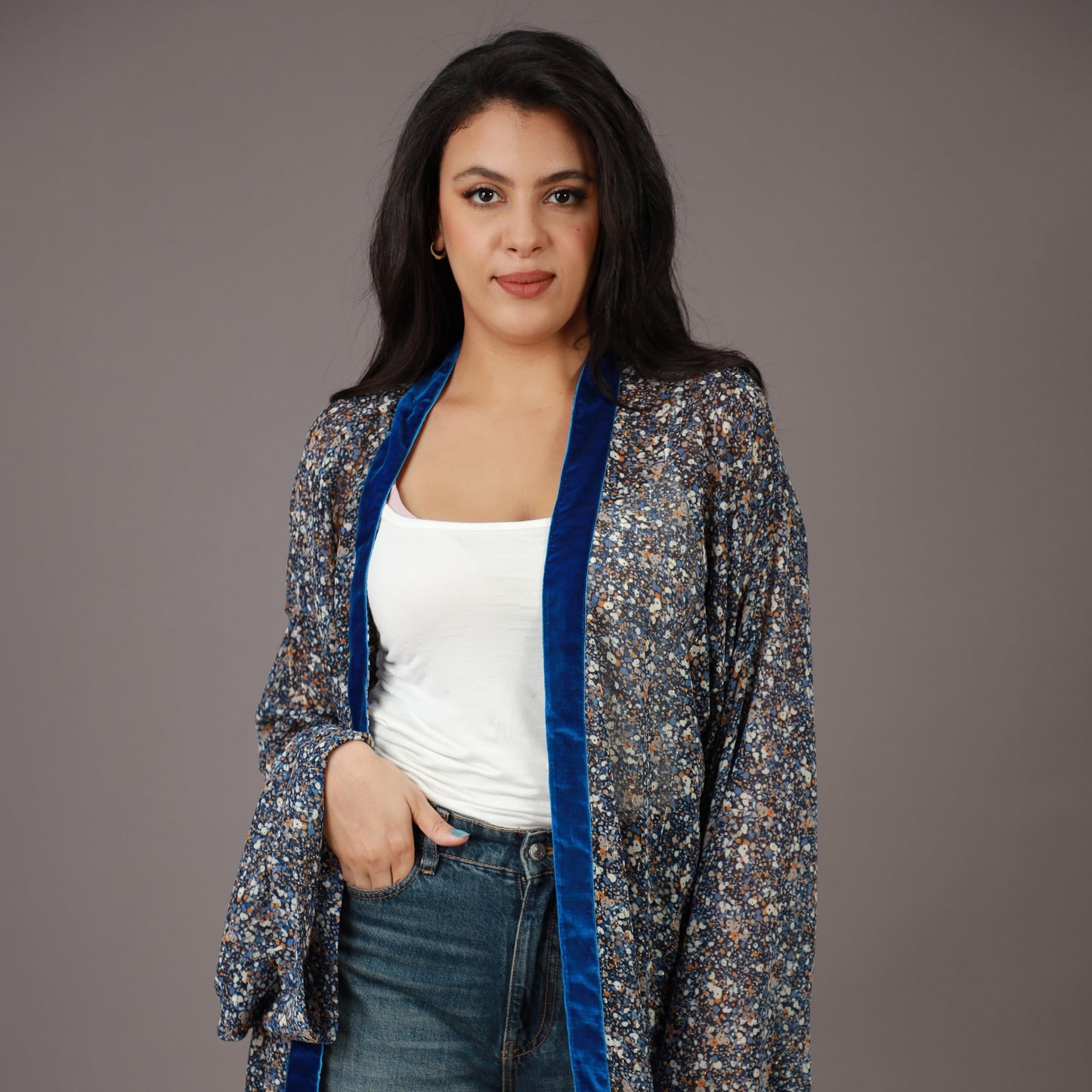 Kimono Long Bleu Nuit avec Bordures Velours