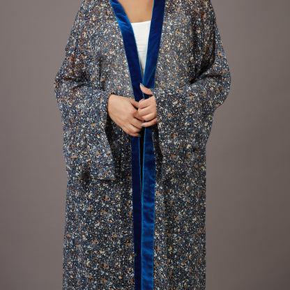 Kimono Long Bleu Nuit avec Bordures Velours