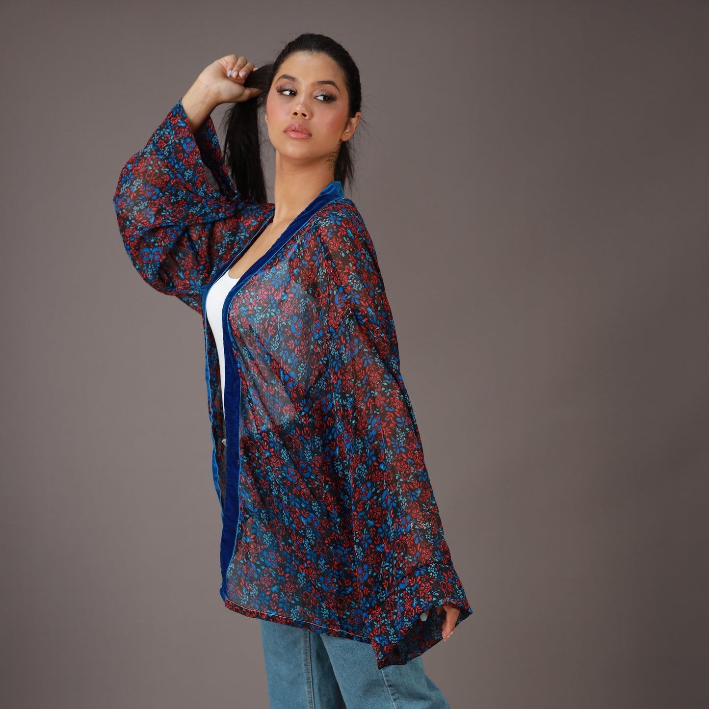 Kimono Court Fleuri Bleu & Rouge