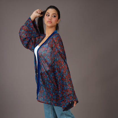 Kimono Court Fleuri Bleu & Rouge