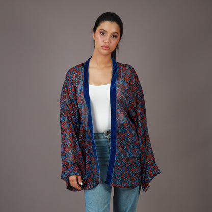 Kimono Court Fleuri Bleu & Rouge