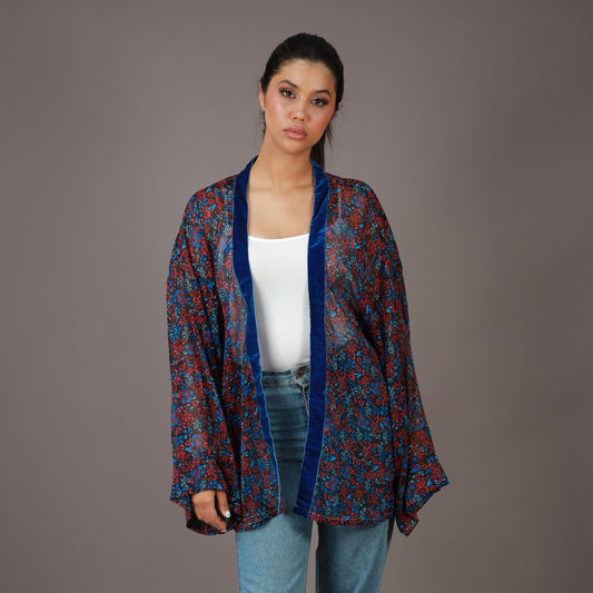 Kimono Court Fleuri Bleu & Rouge