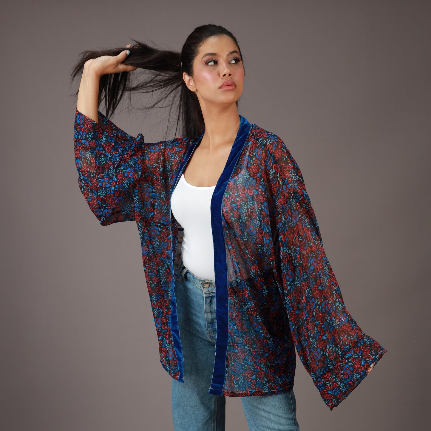 Kimono Court Fleuri Bleu & Rouge