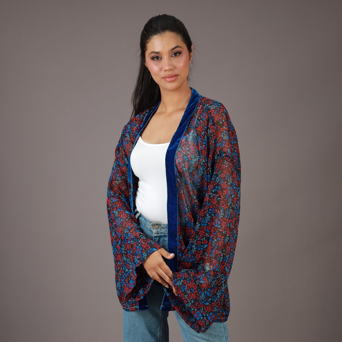 Kimono Court Fleuri Bleu & Rouge