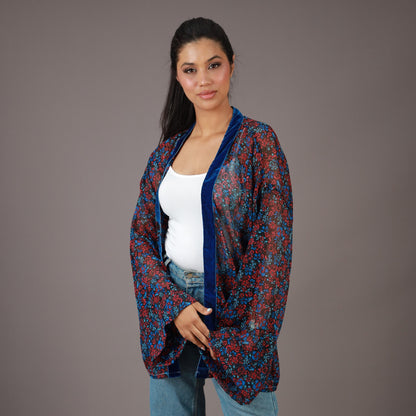 Kimono Court Fleuri Bleu & Rouge