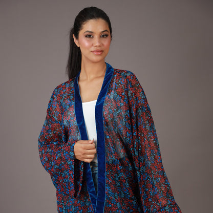 Kimono Court Fleuri Bleu & Rouge
