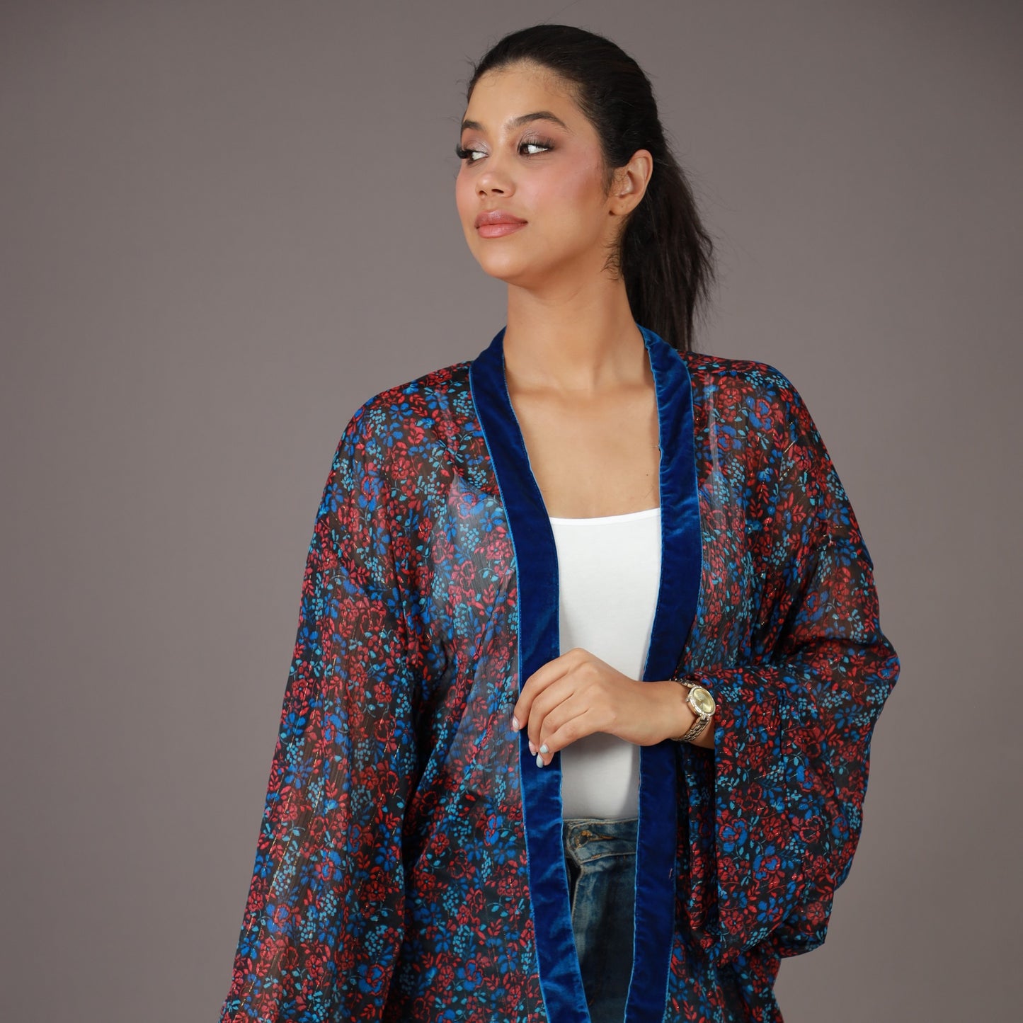Kimono Court Fleuri Bleu & Rouge