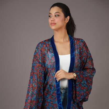 Kimono Court Fleuri Bleu & Rouge