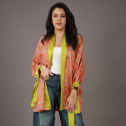 Kimono Court Orange Imprimé Floral et Bordures Vertes