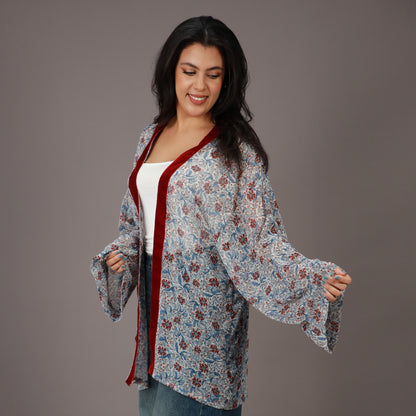 Kimono Court Imprimé Floral Bleu et Rouge
