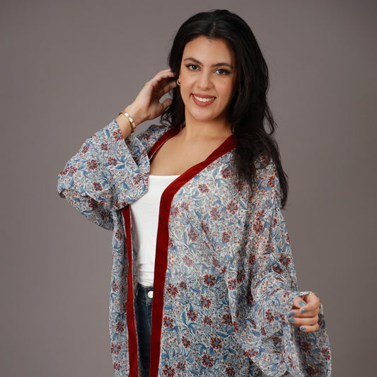 Kimono Court Imprimé Floral Bleu et Rouge