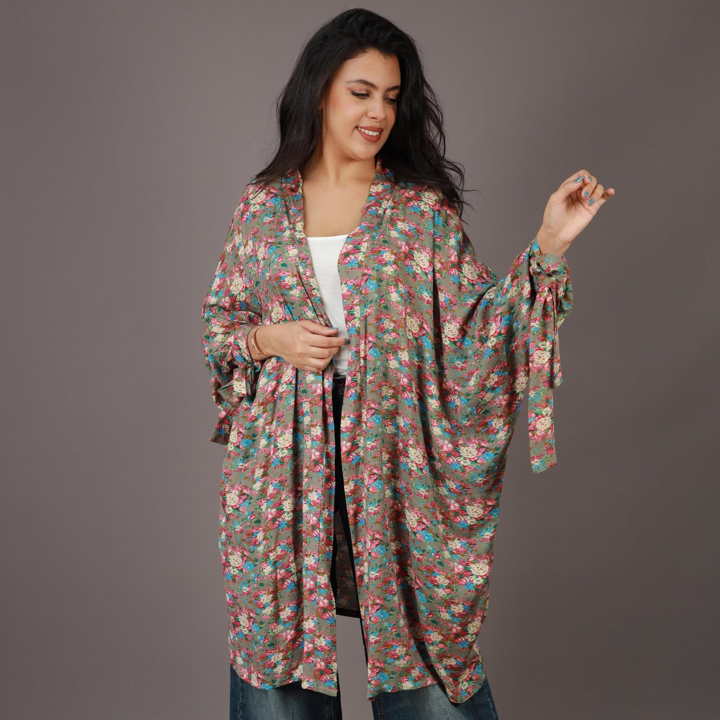 Kimono Long Imprimé Floral Multicolore