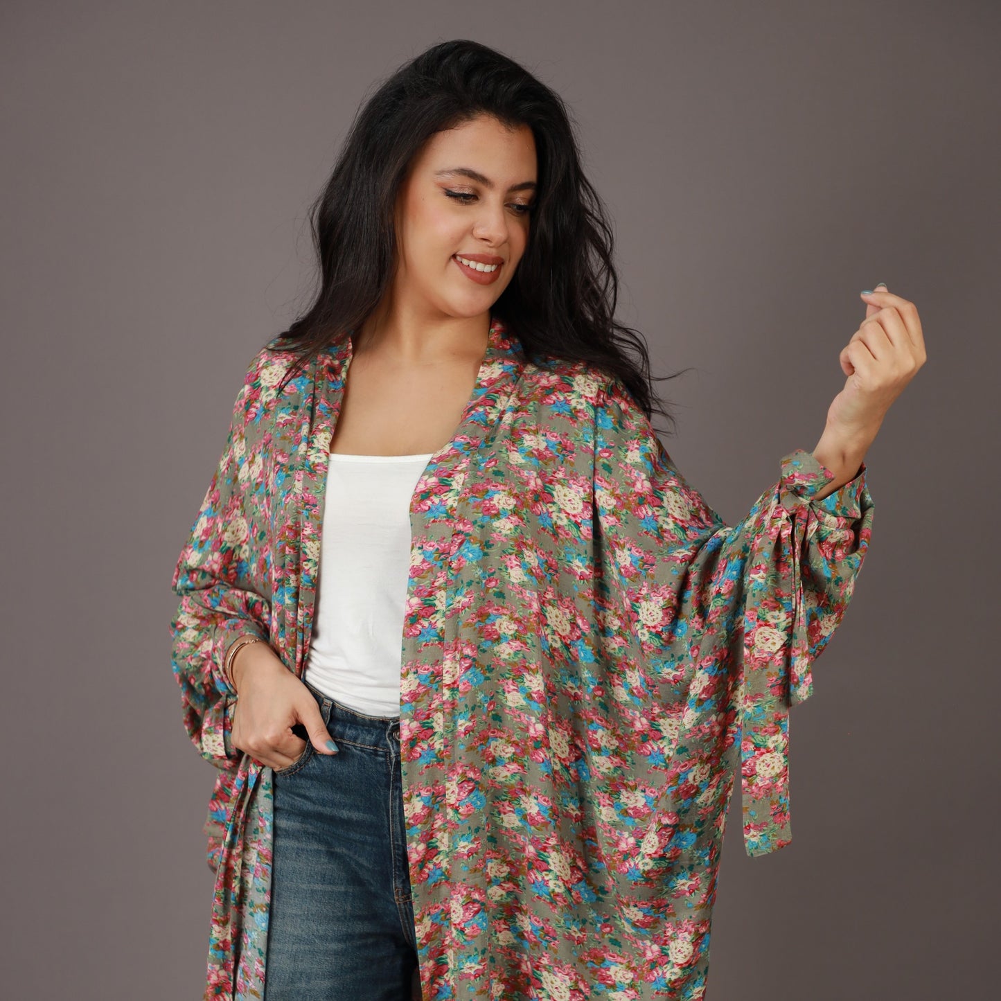 Kimono Long Imprimé Floral Multicolore
