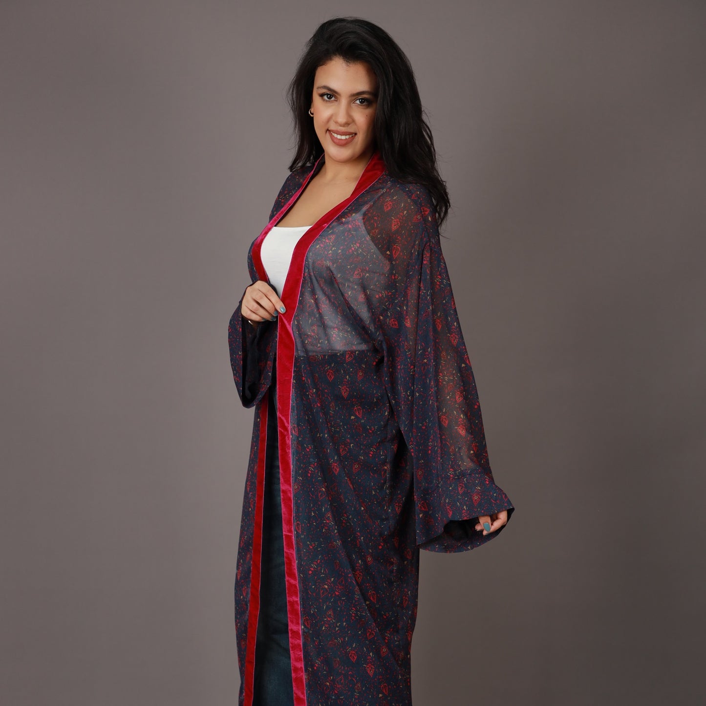 Kimono Long Imprimé Bleu Nuit et Rouge