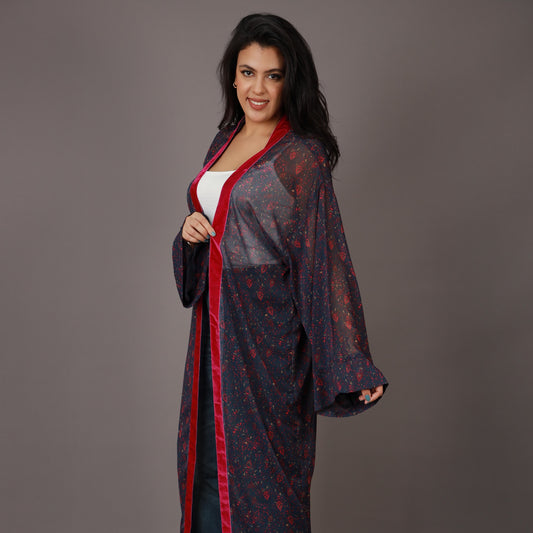 Kimono Long Imprimé Bleu Nuit et Rouge