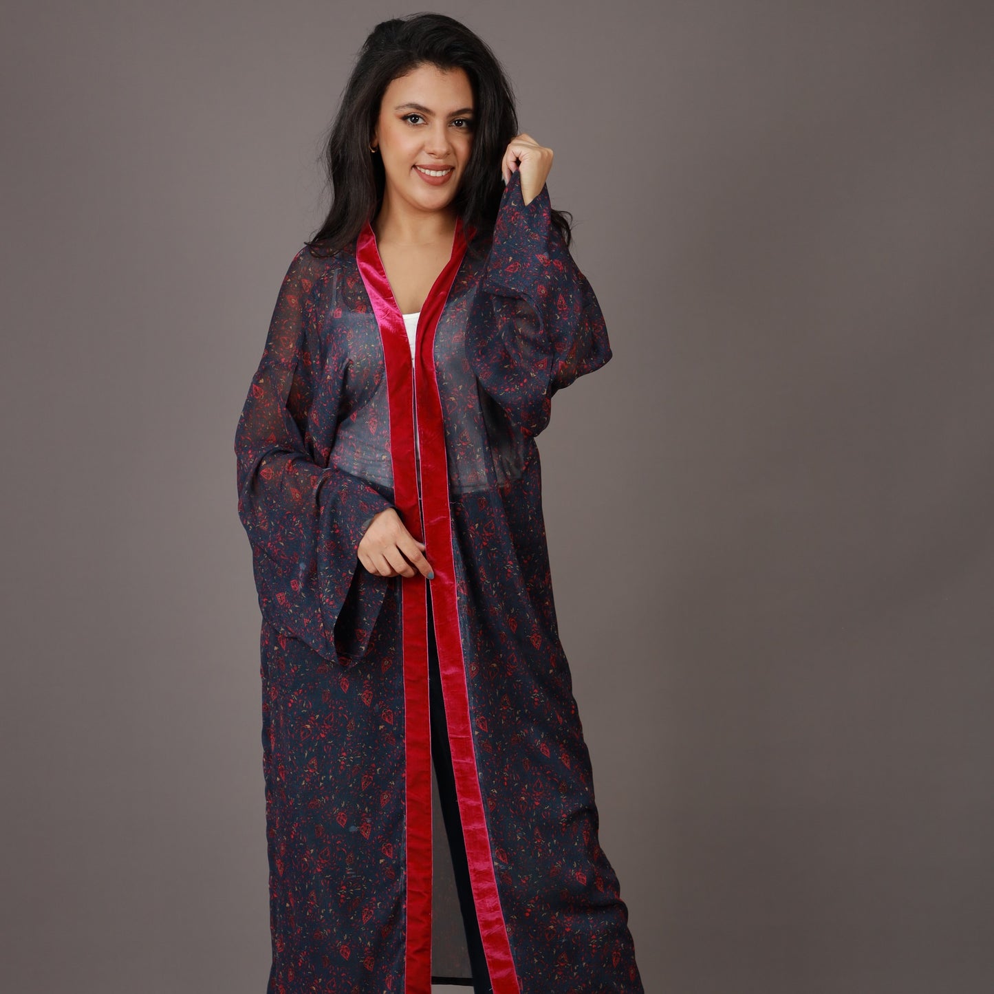 Kimono Long Imprimé Bleu Nuit et Rouge