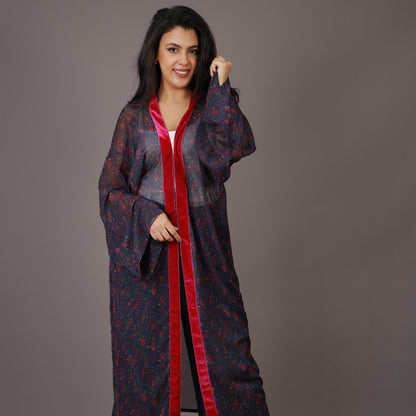 Kimono Long Imprimé Bleu Nuit et Rouge