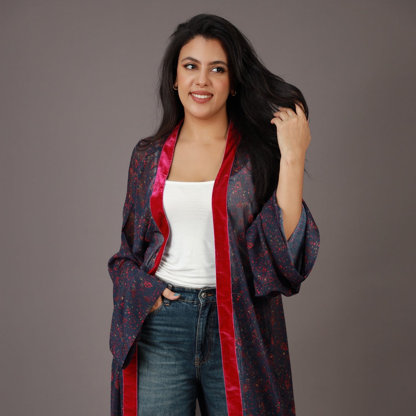 Kimono Long Imprimé Bleu Nuit et Rouge
