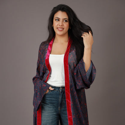 Kimono Long Imprimé Bleu Nuit et Rouge