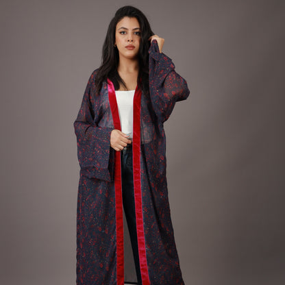 Kimono Long Imprimé Bleu Nuit et Rouge