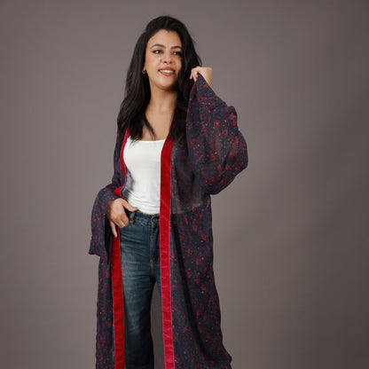 Kimono Long Imprimé Bleu Nuit et Rouge