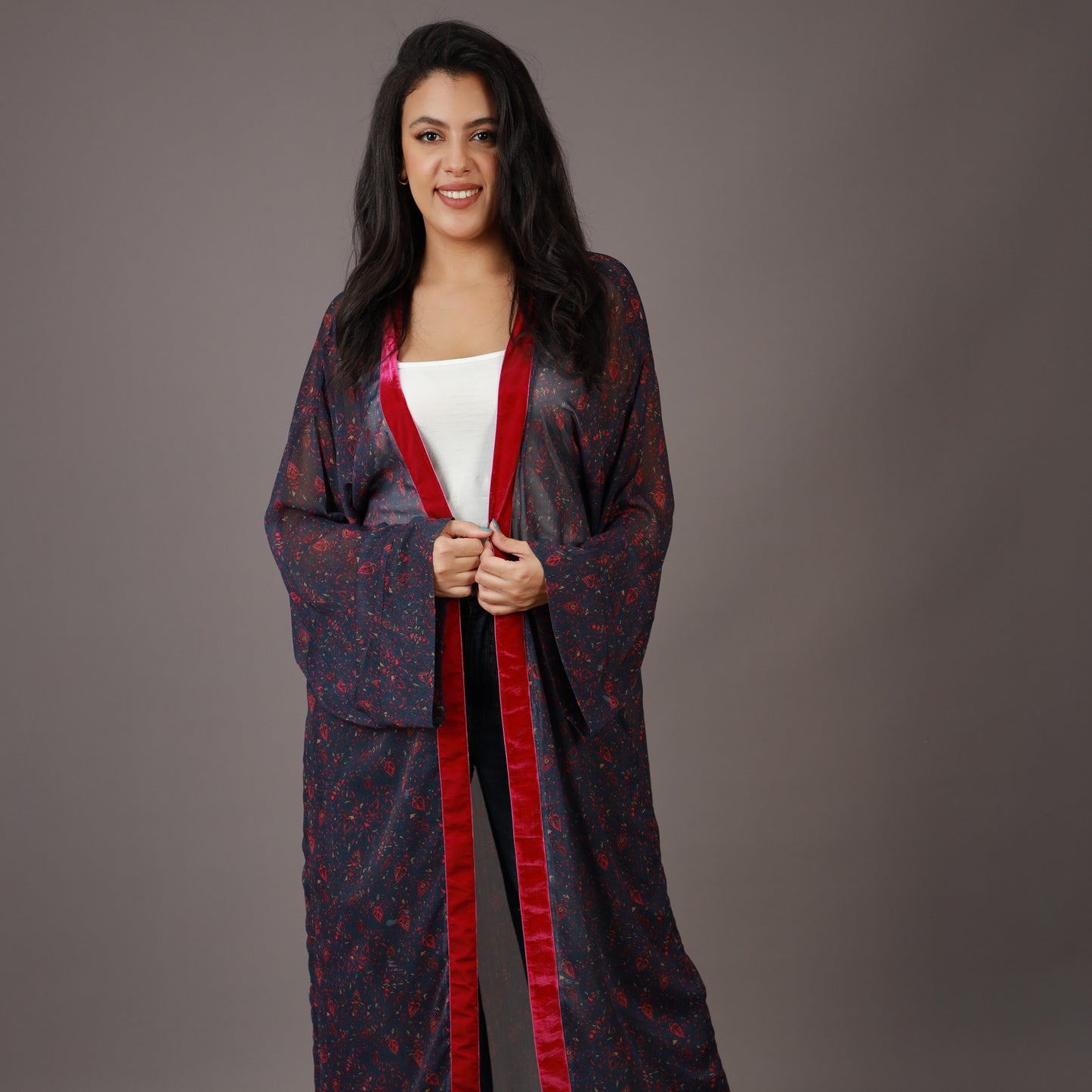 Kimono Long Imprimé Bleu Nuit et Rouge
